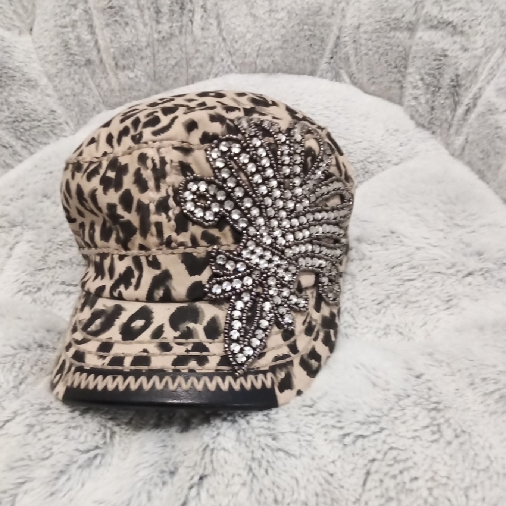 Olive & Pique leopard Print Cap with Rhinestone Embellishment
